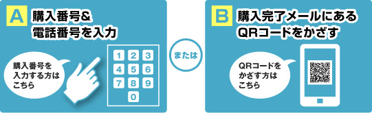A 購入番号＆電話番号を入力　B 購入完了メールにあるQRコードをかざす